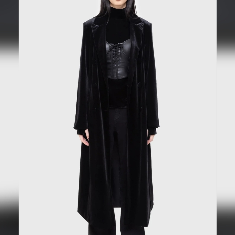 Killstar Black Velvet Trench Coat - Picture 3 of 9